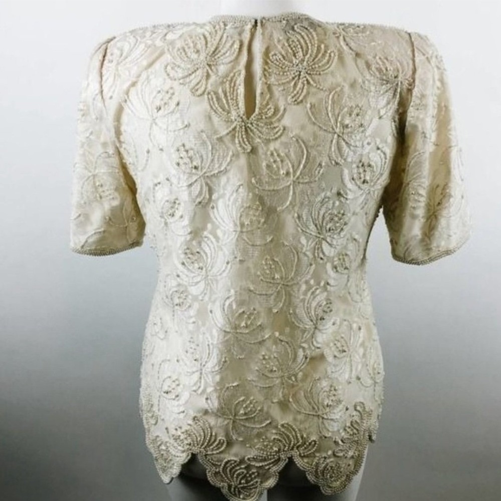 Vintage Ivory Lace Beaded Pearl Blouse XL Scalloped Hem V-Neck Formal Top - Picture 5 of 8